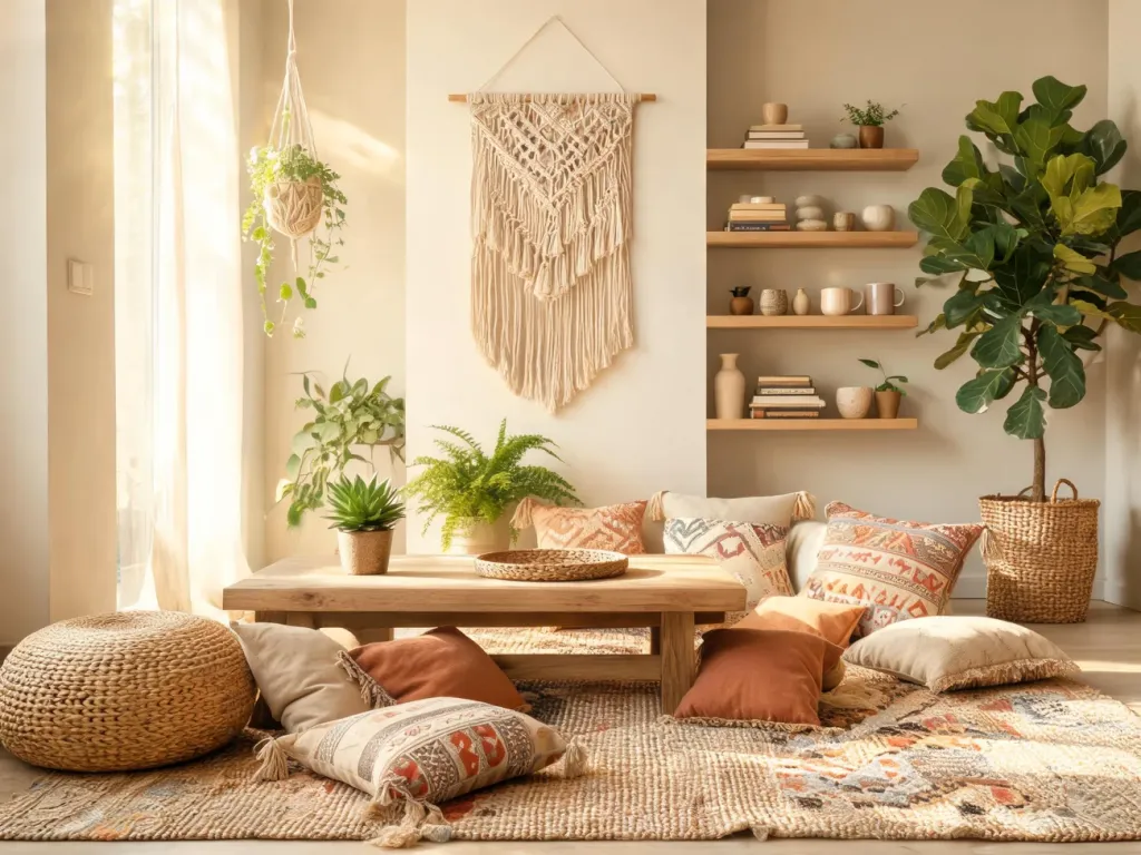 Przytulny salon w stylu boho z naturalnymi materiałami, roślinami i ciepłymi barwami, tworzący swobodną, relaksującą atmosferę.