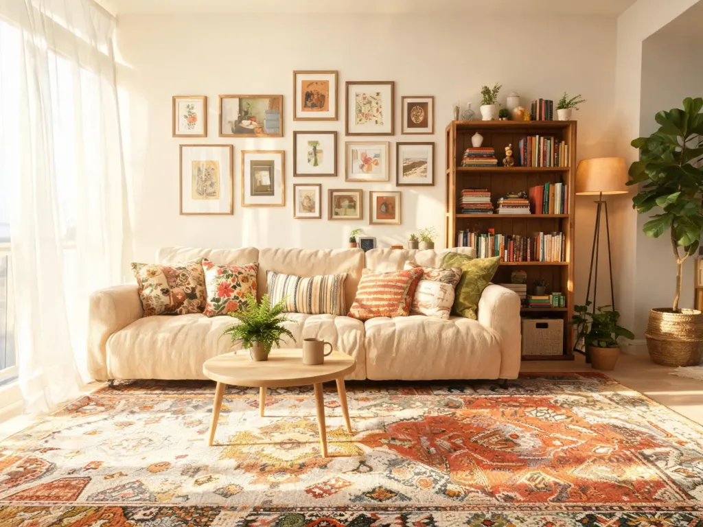 Przytulny salon w stylu eklektycznym z galerą obrazów, roślinami i mieszanką nowoczesnych oraz vintage mebli i dodatków.