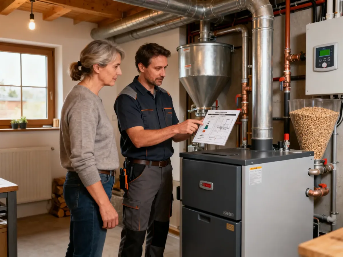 Właściciel domu konsultujący wybór kotła na pellet z instalatorem