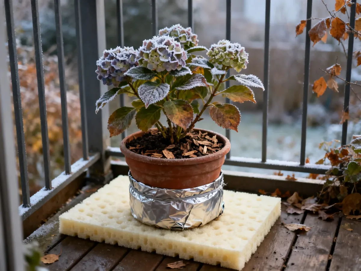 Izolowana donica z hortensją przygotowana do zimowania