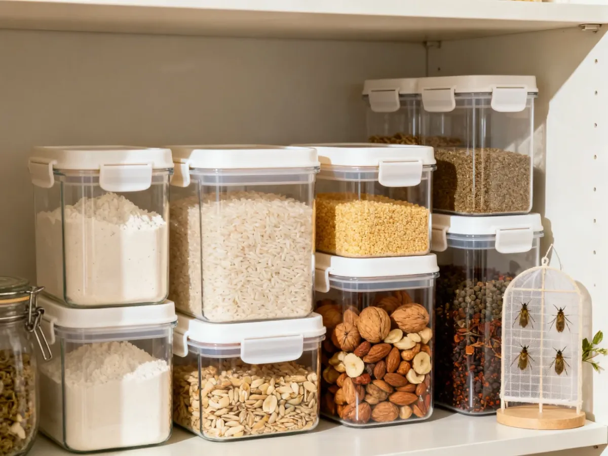 Dry food stored in airtight containers in a clean pantry