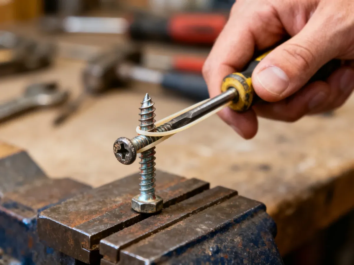 Wkrętak dociskany przez gumkę recepturkę do wyrobionego łba śruby