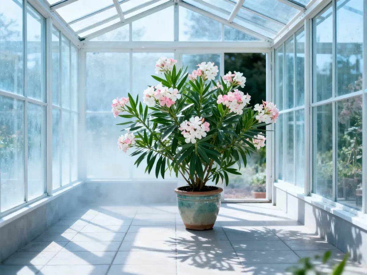 Oleander w donicy zimowany w jasnym i chłodnym pomieszczeniu