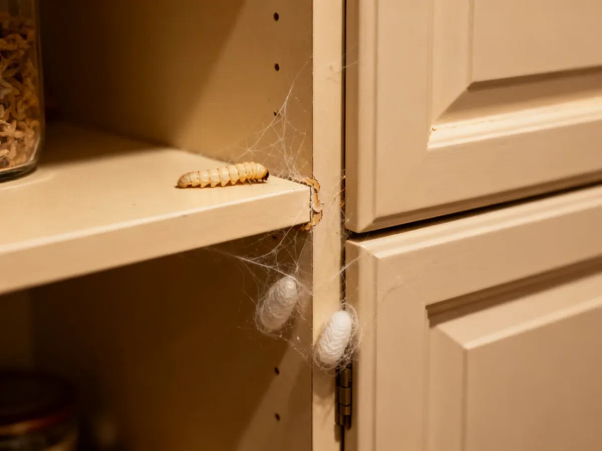 Larvae, webbing and cocoons hidden in the corners of a pantry cabinet