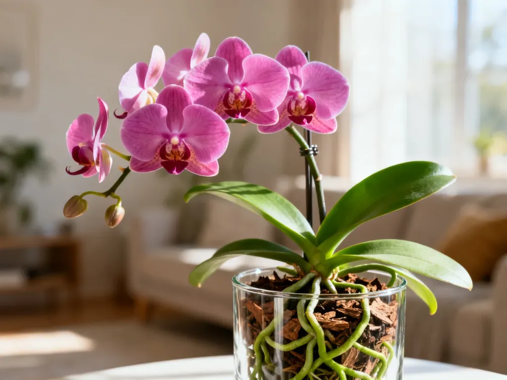 Kwitnący storczyk Phalaenopsis w przezroczystej doniczce z widocznymi zdrowymi korzeniami i podłożem z kory.