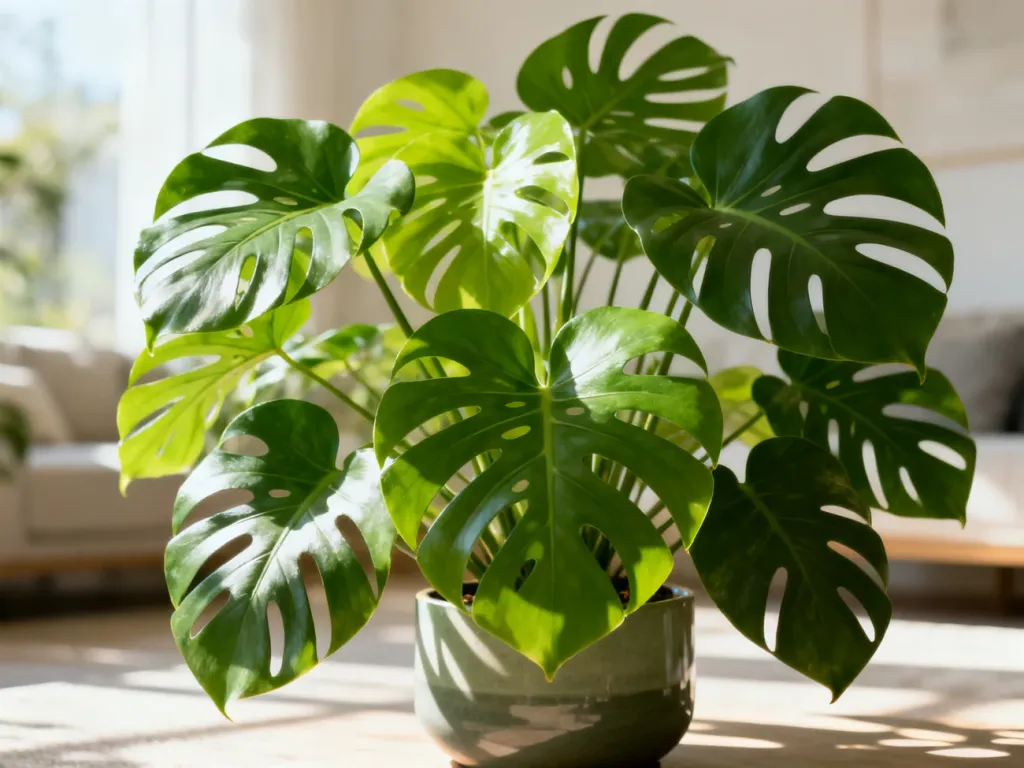 Bujna monstera deliciosa w nowoczesnej doniczce, stojąca w jasnym, słonecznym salonie.