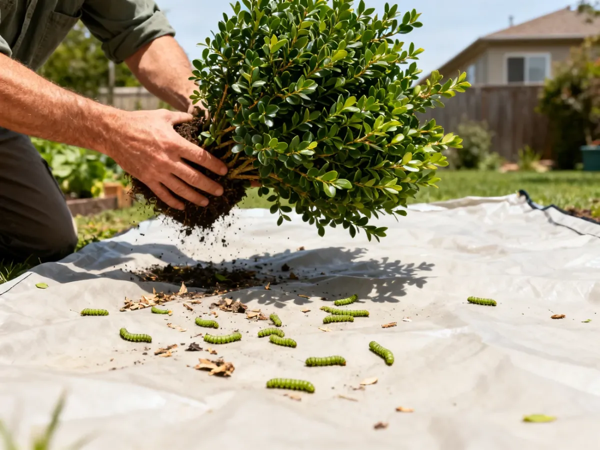 Caterpillars falling onto a sheet while a boxwood shrub is shaken