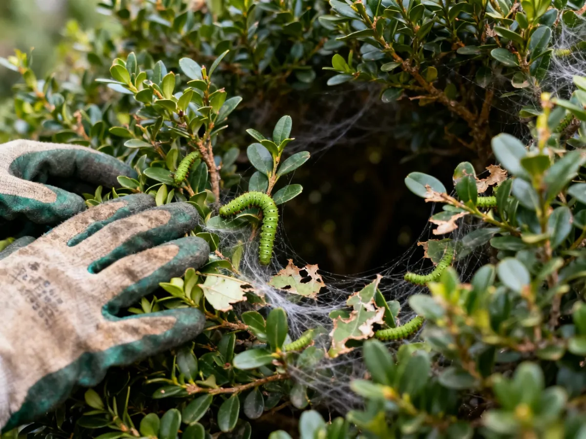 Gardener inspecting caterpillars and webbing inside a boxwood shrub