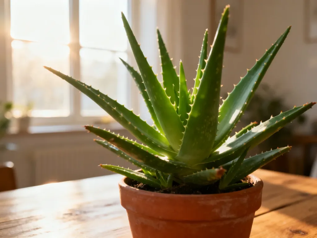 Zdrowy aloes w terakotowej doniczce na drewnianym stole, oświetlony ciepłym światłem słonecznym.