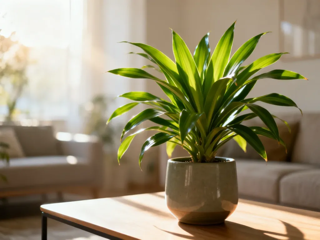 Bujna dracena wonna w nowoczesnej doniczce, ustawiona na drewnianym stole w słonecznym, jasnym salonie.