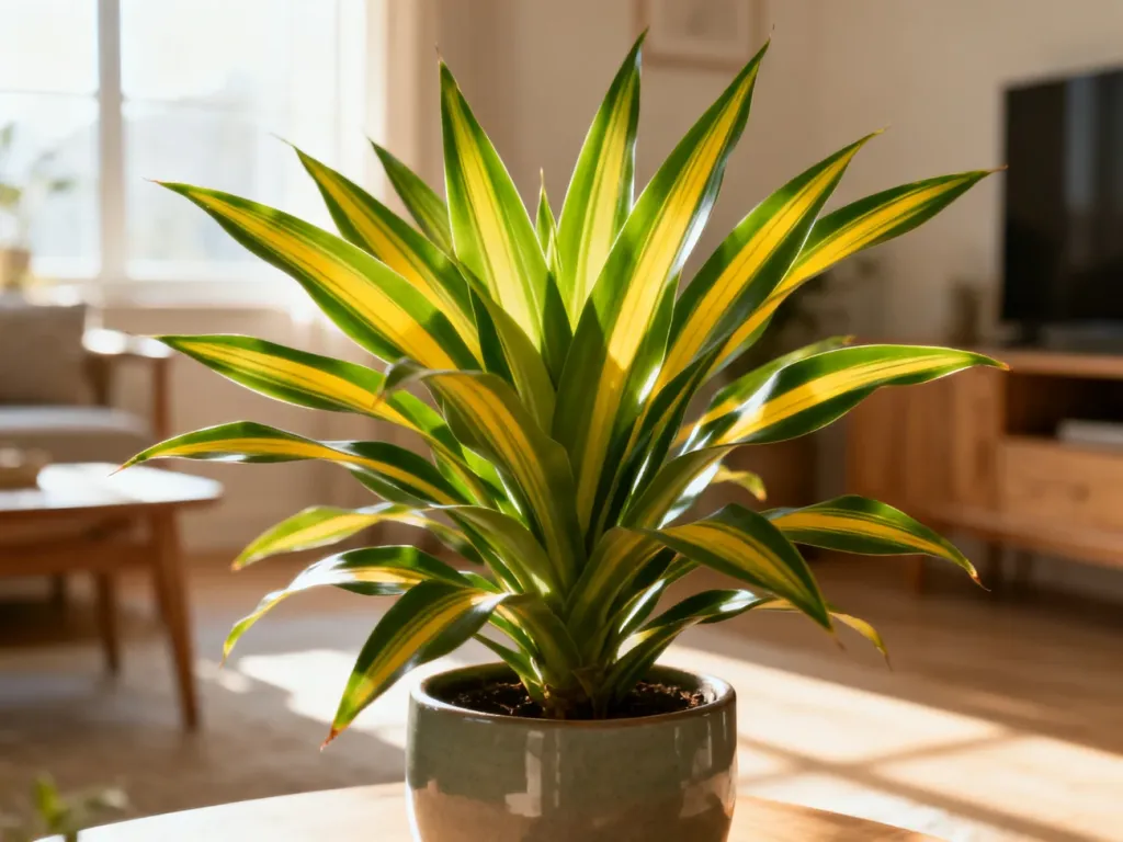 Dracena o zielonych liściach w nowoczesnej doniczce, ustawiona w słonecznym, minimalistycznym salonie.