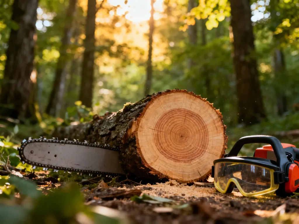 Profesjonalny sprzęt arborystyczny, w tym piła łańcuchowa, leżący na świeżo ściętym pniu drzewa w słonecznym lesie.