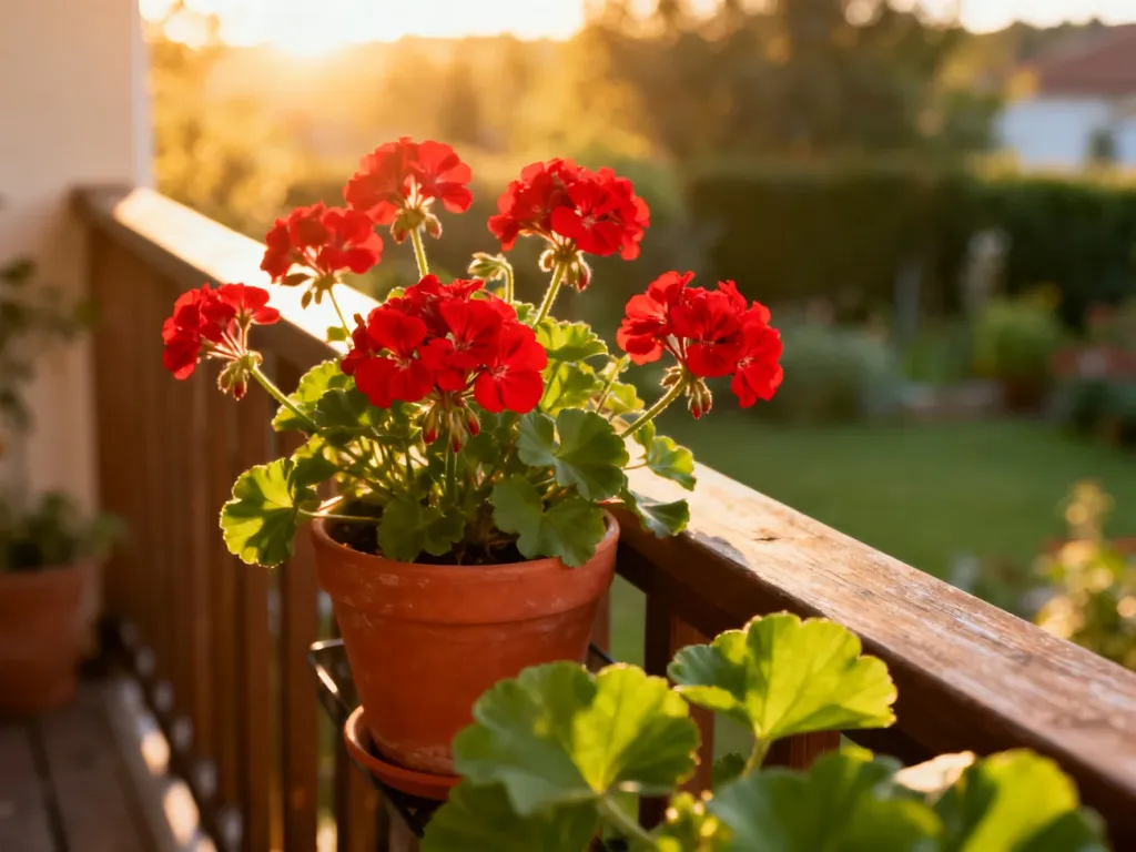 Czerwone pelargonie w terakotowej doniczce na słonecznym balkonie, prezentujące bujne kwiaty i liście.