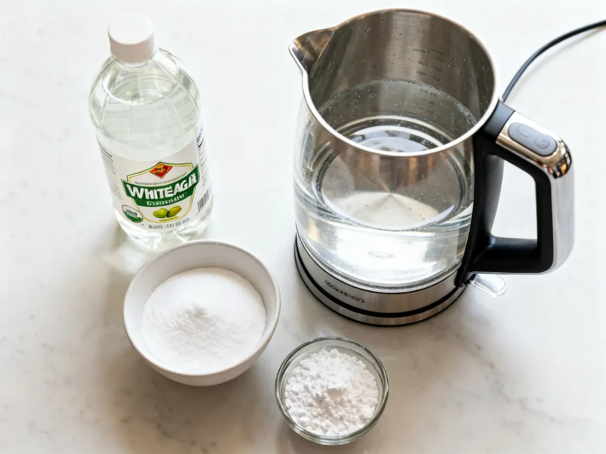 Ocet, kwasek cytrynowy i soda przygotowane do odkamieniania czajnika