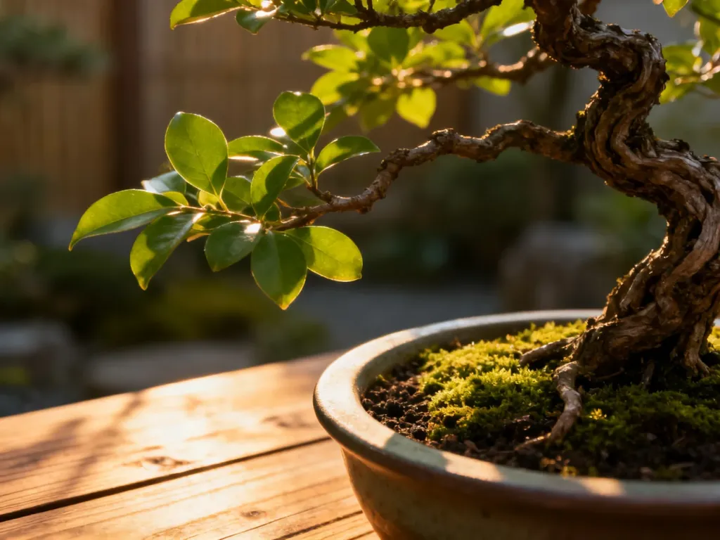 Miniaturowe drzewko bonsai w ceramicznej doniczce z widocznymi detalami gałęzi i mchu na tle japońskiego ogrodu.
