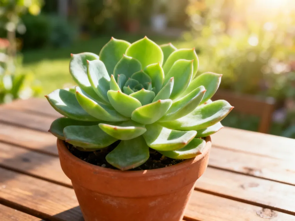 Soczysta echeveria w terakotowej doniczce na drewnianym stole, oświetlona porannym słońcem.