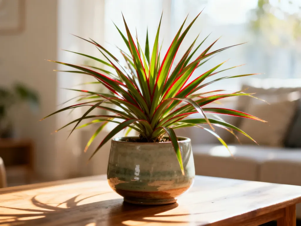 Dracena marginata z charakterystycznymi czerwonymi brzegami liści w ceramicznej doniczce na drewnianym stole.