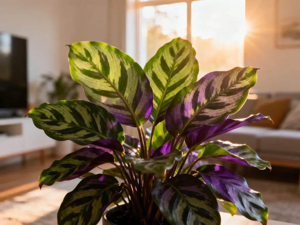Bujna roślina Calathea z ozdobnymi liśćmi w słonecznym, nowoczesnym salonie.