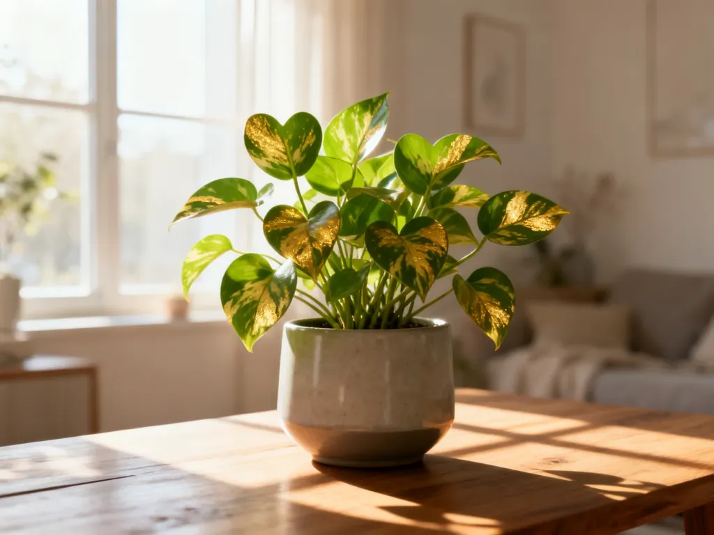 Epipremnum aureum w nowoczesnej doniczce na drewnianym stole, oświetlone miękkim światłem poranka w przytulnym wnętrzu.