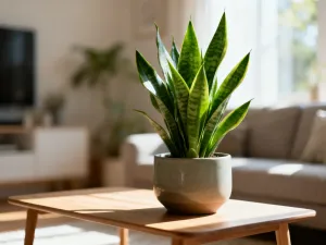 Kwitnący storczyk Phalaenopsis w ceramicznej doniczce na drewnianym stole w słonecznym, przytulnym salonie.