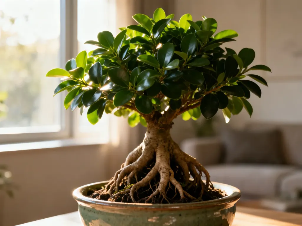 Bonsai Ficus microcarpa z rozłożystymi korzeniami w ceramicznej doniczce, wyeksponowany w jasnym, domowym wnętrzu.