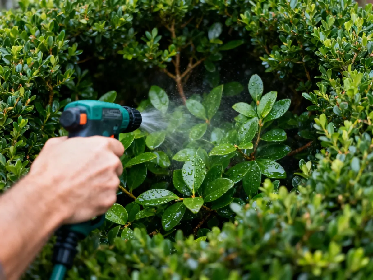 Gardener applying a homemade spray inside a boxwood shrub