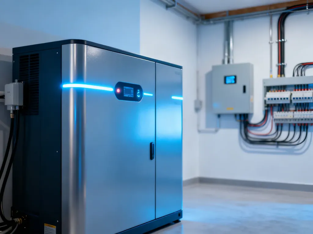 Nowoczesny magazyn energii o pojemności 20 kWh zamontowany w minimalistycznym pomieszczeniu gospodarczym.