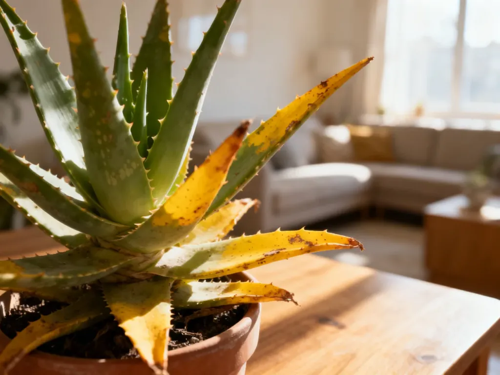 Aloes w doniczce z widocznymi żółknącymi liśćmi, ustawiony na drewnianym stole w słonecznym salonie.